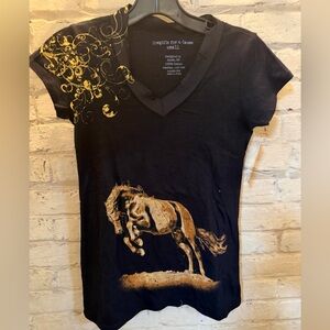 Equestrian Black and Gold Horse Graphic Cotton Double V neck T-Shirt